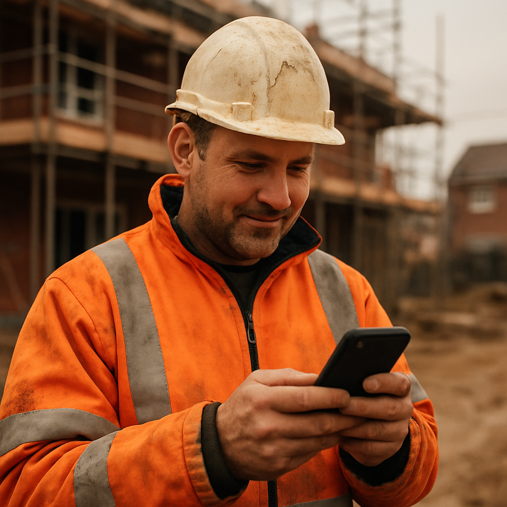 A UK builder on site checking his Digly profile on his phone